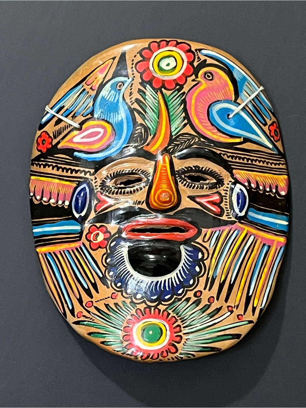 Vintage Mexican Folk Art Clay Bird Mask Wall Hanging